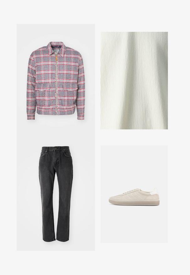 Grijze en rode geruite jas met een rits aan de voorkant, twee voorzakken en een eenvoudige kraag. Gemaakt van een gestructureerde stof. Casual ontwerp.; Geribbelde stof in off-white, met verticale lijnen. De textuur lijkt zacht en subtiel van structuur, wat zorgt voor een lichtgewicht constructie.; Zwarte denim jeans met een rechte pasvorm, voorzien van vijf zakken, een knoopsluiting en gestikte details langs de naden en zakken.; Beige suède sneaker met een gestructureerd bovenwerk, een gladde witte hielkap, dunne veters en een rubberen buitenzool. Heeft een slank, laag profiel.