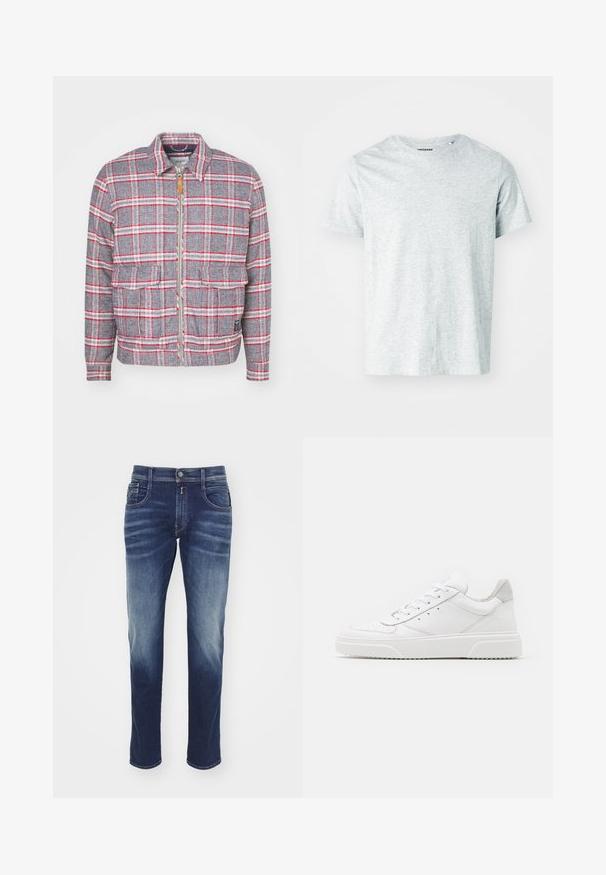 Grå og rød ternet jakke med lynlås foran, to forlommer og en simpel krave. Lavet af et struktureret stof. Casual design.; Lys grå, kortærmet t-shirt lavet af blødt stof, med en rund hals og en let afslappet pasform. Ingen synlige mønstre eller grafik.; Mørkeblå denim jeans med lige ben, let slidte områder, fem lommer, knaplukning og syede detaljer langs sømmene.; Hvide lædersneakers med en glat finish, rund tå, flade snørebånd og en struktureret sål. Grå ruskindsdetalje ved hælen.
