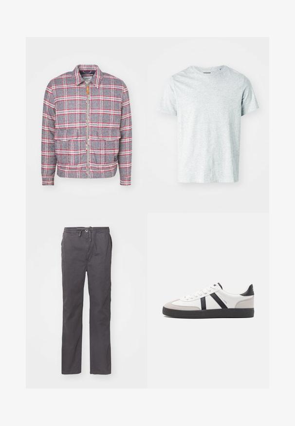 Veste à carreaux grise et rouge avec fermeture éclair à l'avant, deux poches avant et un col simple. Fabriquée dans un tissu texturé. Design décontracté.; T-shirt gris clair à manches courtes en tissu doux, avec un col rond et une coupe légèrement décontractée. Aucun motif ou graphique visible.; Pantalons gris légers avec une coupe décontractée, taille élastique avec cordon de serrage, poches latérales et une texture lisse et douce.; Baskets blanches avec des accents noirs et gris, présentant un embout texturé gris, une semelle en caoutchouc noir et des lacets plats blancs. Design épuré, style minimaliste.