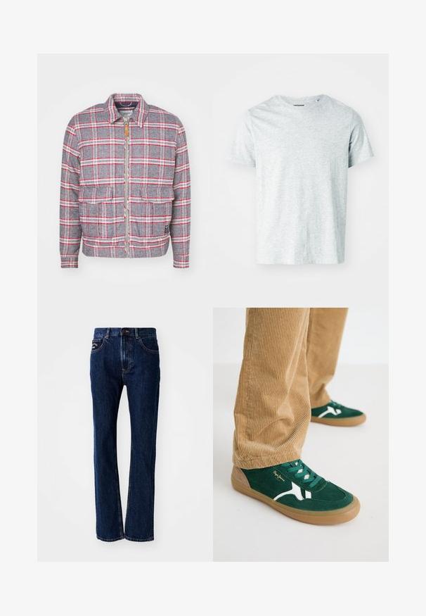 Grå og rød ternet jakke med lynlås foran, to forlommer og en simpel krave. Lavet af et struktureret stof. Casual design.; Lys grå, kortærmet t-shirt lavet af blødt stof, med en rund hals og en let afslappet pasform. Ingen synlige mønstre eller grafik.; Mørkeblå denimjeans med lige ben-design, der har to forlommer og en knaplukning. Diskrete syninger.; Grønne svineder sko med hvide accenter og grønne snørebånd. Gummisål, rund tå og tan detaljer på hælen. Båret med fløjl bukser.