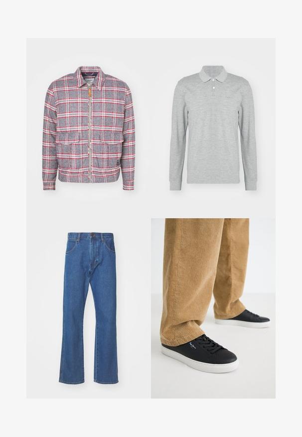 Grau-rot kariertes Jackett mit Reißverschluss, zwei Vorderaschen und einem schlichten Kragen. Aus einem strukturierten Stoff gefertigt. Lässiges Design.; Graues Langarm-Polohemd aus weichem Stoff; mit Kragen, drei Knöpfen und dezent gesticktem Logo auf der Brust.; Blaue Denim-Jeans mit geradem Schnitt, fünf Taschen und einem Knopfverschluss in der Taille. Mittelgewichtiger Stoff mit glatter Textur.; Schwarze Ledersneaker mit weißen Gummisohlen. Getragen mit beigen Cordhosen, die vertikale Rippungen und eine lockere Passform aufweisen.