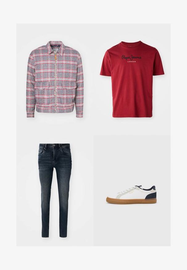 Grau-rot kariertes Jackett mit Reißverschluss, zwei Vorderaschen und einem schlichten Kragen. Aus einem strukturierten Stoff gefertigt. Lässiges Design.; Rotes Baumwoll-T-Shirt mit Rundhalsausschnitt. Mit einem schwarzen Drucklogo "Pepe Jeans LONDON" über der Brust. Kurze Ärmel, lässige Passform.; Dunkelblaue Jeans aus Denim mit schlanker Passform, fünf Taschen, geraden Beinen und Kontrastnähten, mit einem Knopf- und Reißverschluss.; Weiße Leinensneaker mit marineblauen und grauen Wildlederakzenten. Verfügt über eine Sohle aus Gummireifen, eine abgerundete Spitze und ein klassisches Schnürdesign.