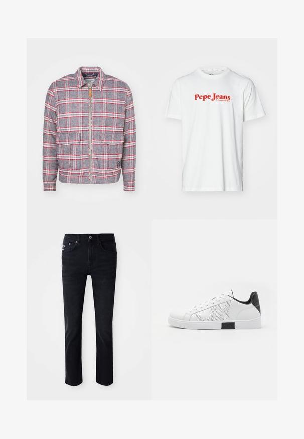 Grijze en rode geruite jas met een rits aan de voorkant, twee voorzakken en een eenvoudige kraag. Gemaakt van een gestructureerde stof. Casual ontwerp.; Witte katoenen t-shirt met rode "Pepe Jeans" logo tekst. Korte mouwen en een ronde hals, met een standaard pasvorm en geen zichtbare patronen.; Zwarte denim jeans met een rechte pijpdesign, voorzien van vijf zakken, een ritsopening en metalen hardware, met een gladde textuur.; Witte leren sneaker met geperforeerd ontwerp, zwarte hielaccent en tussenzool. Bevat ronde neus en zes oogjes vetersysteem.
