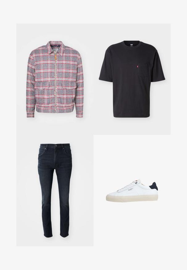 Veste à carreaux grise et rouge avec fermeture éclair à l'avant, deux poches avant et un col simple. Fabriquée dans un tissu texturé. Design décontracté.; T-shirt noir à manches courtes et col rond avec poche poitrine et petite étiquette logo rouge Levi's sur la poche, sur fond clair uni.; Jeans en denim bleu foncé avec une coupe droite, un design à cinq poches et un léger effet décoloré sur les cuisses, dotés d'une fermeture à bouton en métal.; Baskets basses blanches avec semelle beige, lacets blancs, languette de talon noire et logo "Pepe Jeans London" sur le côté.