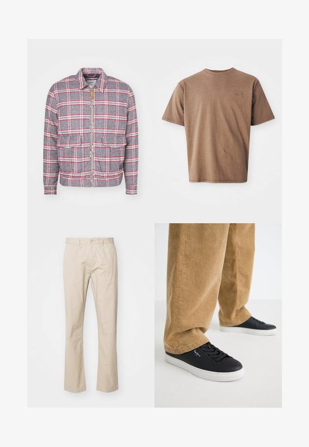 Grå og rød ternet jakke med lynlås foran, to forlommer og en simpel krave. Lavet af et struktureret stof. Casual design.; Brun bomulds t-shirt med rund hals, korte ærmer og et diskret broderet logo på venstre brystområde. Glat tekstur, afslappet pasform.; Beige bomulds-chinos med lige ben, der har en knaplukning og diskrete folder for tekstur. Glat stof og rene linjer.; Sorte lædersneakers med hvide gummisåler. Båret med tanfarvede corduroybukser med vertikale ribber og en afslappet pasform.