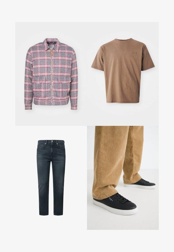 Grau-rot kariertes Jackett mit Reißverschluss, zwei Vorderaschen und einem schlichten Kragen. Aus einem strukturierten Stoff gefertigt. Lässiges Design.; Braunes Baumwoll-T-Shirt mit Rundhalsausschnitt, kurzen Ärmeln und einem dezenten gestickten Logo auf der linken Brustseite. Glatte Textur, lockerer Schnitt.; Dunkelgraue Denim-Jeans mit geradem Schnitt, fünf Taschen, Knopf- und Reißverschluss, sowie dezenten Nähten.; Schwarze Ledersneaker mit weißen Gummisohlen. Getragen mit beigen Cordhosen, die vertikale Rippungen und eine lockere Passform aufweisen.