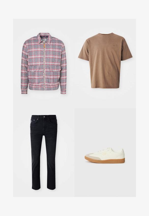 Grijze en rode geruite jas met een rits aan de voorkant, twee voorzakken en een eenvoudige kraag. Gemaakt van een gestructureerde stof. Casual ontwerp.; Bruine katoenen t-shirt met ronde hals, korte mouwen en een discreet geborduurd logo op de linkerborst. Soepele structuur, relaxte pasvorm.; Zwarte denim jeans met een rechte pijpdesign, voorzien van vijf zakken, een ritsopening en metalen hardware, met een gladde textuur.; Schoen gemaakt van wit leer met een beige teenkap en een lichtbruine rubberen zool. Voorzien van platte witte veters en reliëfbranding aan de zijkant.