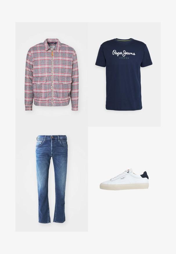 Grau-rot kariertes Jackett mit Reißverschluss, zwei Vorderaschen und einem schlichten Kragen. Aus einem strukturierten Stoff gefertigt. Lässiges Design.; Navyblaue Baumwoll-T-Shirt mit rundem Halsausschnitt und kurzen Ärmeln. Enthält weißen "Pepe Jeans"-Schriftzug und "LONDON" in grün darunter.; Dunkelblaue Jeans aus Denim mit geradem Bein, ausgestattet mit fünf Taschen, einem braunen Knopfverschluss und dezenten hellen Verfärbungen an den Oberschenkeln.; Weißer Sneaker in niedriger Schnittform mit beiger Sohle, weißen Schnürsenkeln, schwarzem Fersenlasche und dem "Pepe Jeans London"-Logo an der Seite.