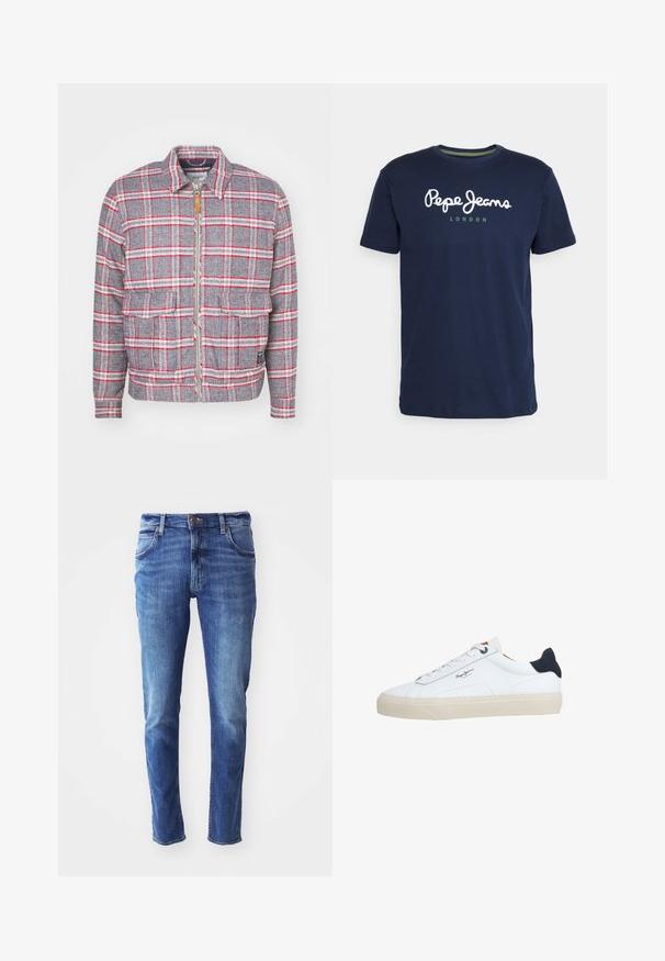 Grijze en rode geruite jas met een rits aan de voorkant, twee voorzakken en een eenvoudige kraag. Gemaakt van een gestructureerde stof. Casual ontwerp.; Marineblauwe katoenen t-shirt met een ronde hals en korte mouwen. Inclusief witte "Pepe Jeans" tekst en "LONDEN" in het groen eronder.; Blauwe jeans van denim met een slim fit, vijf zakken en een lichte vervaging. Voorzien van een merkbutton en een ritsluiting.; Witte lage sneaker met een beige zool, witte veters, zwarte hielstrook en het logo "Pepe Jeans London" aan de zijkant.