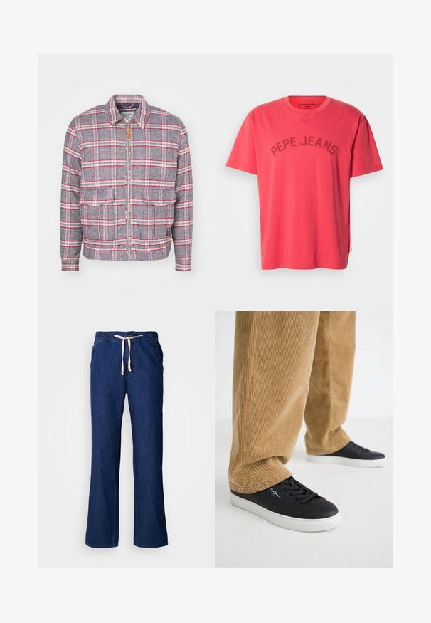 Grau-rot kariertes Jackett mit Reißverschluss, zwei Vorderaschen und einem schlichten Kragen. Aus einem strukturierten Stoff gefertigt. Lässiges Design.; Korallenfarbenes Baumwoll-T-Shirt mit kurzen Ärmeln und Rundhalsausschnitt. Mit dem Schriftzug "PEPE JEANS" in dunklen Buchstaben auf der Brust.; Dunkelblaue Jeanshose mit legerer Passform, elastischem Bund, Kordelzugverschluss und Seitentaschen. Glatte Textur und gerades Bein-Design.; Schwarze Ledersneaker mit weißen Gummisohlen. Getragen mit beigen Cordhosen, die vertikale Rippungen und eine lockere Passform aufweisen.