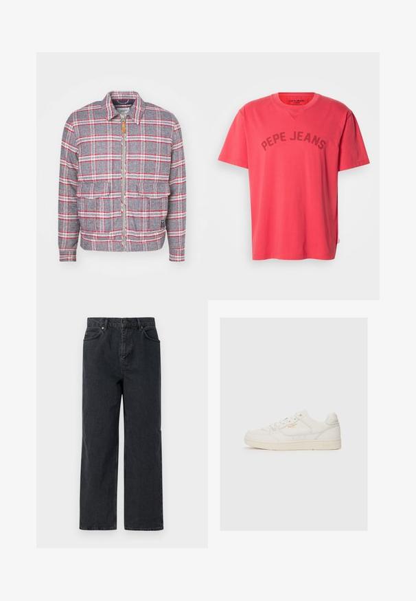Grau-rot kariertes Jackett mit Reißverschluss, zwei Vorderaschen und einem schlichten Kragen. Aus einem strukturierten Stoff gefertigt. Lässiges Design.; Korallenfarbenes Baumwoll-T-Shirt mit kurzen Ärmeln und Rundhalsausschnitt. Mit dem Schriftzug "PEPE JEANS" in dunklen Buchstaben auf der Brust.; Dunkelblaue Denim-Hosen mit weitem Bein, Fünf-Taschen-Design und Knopfverschluss. Enthält Hardware in kupferfarbener Ausführung und eine subtile Textur.; Weiße Leder-Sneaker mit glatter Textur, versehen mit perforierten Akzenten, Schnürung an der Vorderseite und einem subtilen Logo in Gold an der Seite.