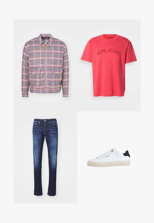 Grå og rød ternet jakke med lynlås foran, to forlommer og en simpel krave. Lavet af et struktureret stof. Casual design.; Koralfarvet bomulds-T-shirt med korte ærmer og rund halsudskæring. Har "PEPE JEANS" trykt i mørke bogstaver hen over brystet.; Mørkeblå denimjeans med lige ben, der har fem lommer, knaplukning og diskret blegeteffekt langs lårene.; Hvid lavtop-sneaker med beige sål, hvide snørebånd, sort hælkappe og "Pepe Jeans London"-logo på siden.
