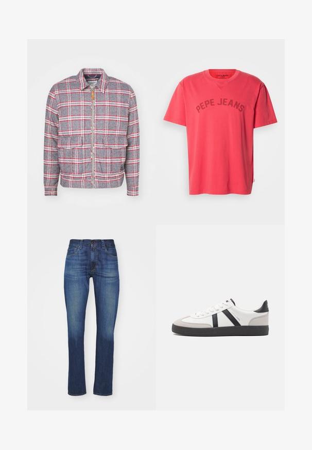 Grau-rot kariertes Jackett mit Reißverschluss, zwei Vorderaschen und einem schlichten Kragen. Aus einem strukturierten Stoff gefertigt. Lässiges Design.; Korallenfarbenes Baumwoll-T-Shirt mit kurzen Ärmeln und Rundhalsausschnitt. Mit dem Schriftzug "PEPE JEANS" in dunklen Buchstaben auf der Brust.; Dunkelblaue Denim-Jeans im Slim-Fit-Schnitt mit klassischem Fünf-Taschen-Design, Reißverschluss und Knopfverschluss sowie subtiler Ausbleichung.; Weiße Sneaker mit schwarz- und grau-aczenten, ausgestattet mit einer strukturierten grauen Zehenkappe, schwarzer Gummi-Sohle und flachen weißen Schnürsenkeln. Sauberes Design, minimalistische Stil.
