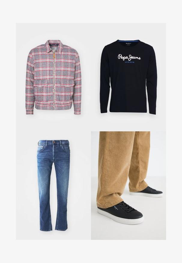 Grau-rot kariertes Jackett mit Reißverschluss, zwei Vorderaschen und einem schlichten Kragen. Aus einem strukturierten Stoff gefertigt. Lässiges Design.; Schwarzes Langarm-T-Shirt aus Baumwollstoff, mit dem weißen und blauen Logo-Text "Pepe Jeans London" centriert auf der Brust.; Dunkelblaue Jeans aus Denim mit geradem Bein, ausgestattet mit fünf Taschen, einem braunen Knopfverschluss und dezenten hellen Verfärbungen an den Oberschenkeln.; Schwarze Ledersneaker mit weißen Gummisohlen. Getragen mit beigen Cordhosen, die vertikale Rippungen und eine lockere Passform aufweisen.