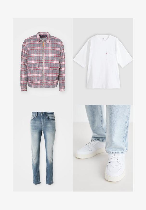 Veste à carreaux grise et rouge avec fermeture éclair à l'avant, deux poches avant et un col simple. Fabriquée dans un tissu texturé. Design décontracté.; T-shirt en coton blanc à manches courtes, col rond et poche poitrine gauche. Comprend une petite étiquette logo rouge sur la poche.; Jeans en denim bleu clair avec un design classique à cinq poches, une décoloration subtile et une coupe droite. Comprend une fermeture à bouton et des passants de ceinture.; Baskets basses en cuir blanc avec un bout perforé, des lacets plats et un design minimaliste. Associées à un jean en denim bleu clair.