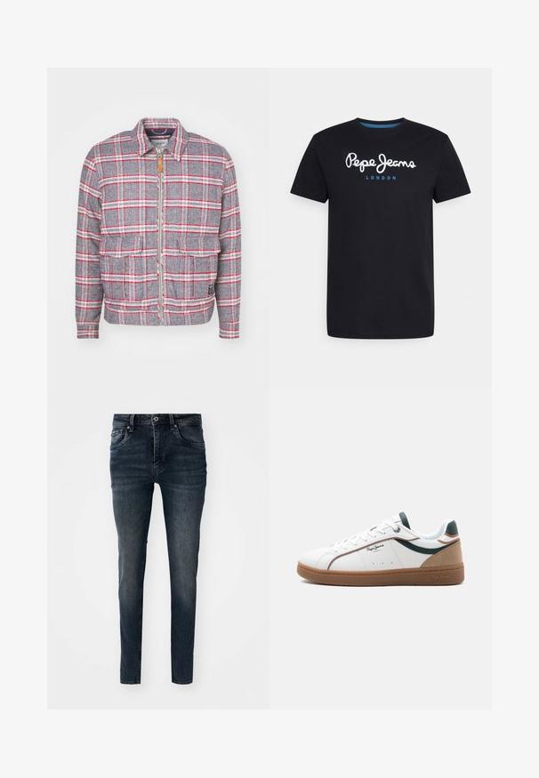 Veste à carreaux grise et rouge avec fermeture éclair à l'avant, deux poches avant et un col simple. Fabriquée dans un tissu texturé. Design décontracté.; T-shirt en coton noir avec un logo en script blanc "Pepe Jeans" accentué de bleu, col rond et manches courtes. Design simple et uni.; Jean en denim bleu foncé avec une coupe slim, un design à cinq poches, des jambes droites et des coutures contrastées, doté d'une fermeture à bouton et à zip.; Baskets basses blanches avec semelle marron, accents verts et beige, lacets blancs, et logo "Pepe Jeans London" sur le côté.
