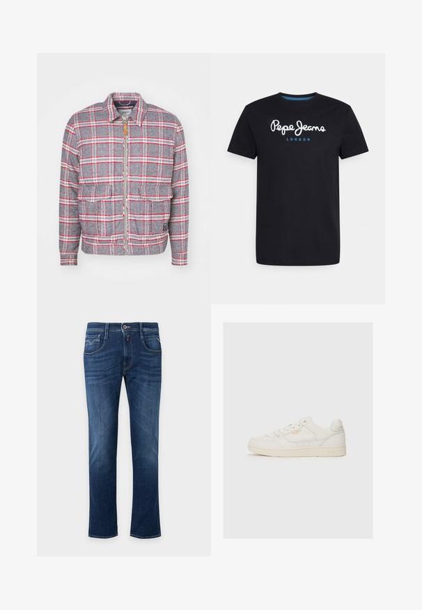 Grå og rød ternet jakke med lynlås foran, to forlommer og en simpel krave. Lavet af et struktureret stof. Casual design.; Sort bomulds T-shirt med et hvidt skriftskriftlogo "Pepe Jeans" med en blå accent, rund hals og korte ærmer. Enkel, ensfarvet design.; Mørkeblå straight-leg jeans med forreste knap, lynlås og design med fem lommer.; Hvide lædersneakers med en glat overflade, der har perforerede detaljer, snørebånd fortil og et diskret logo i guld nær siden.