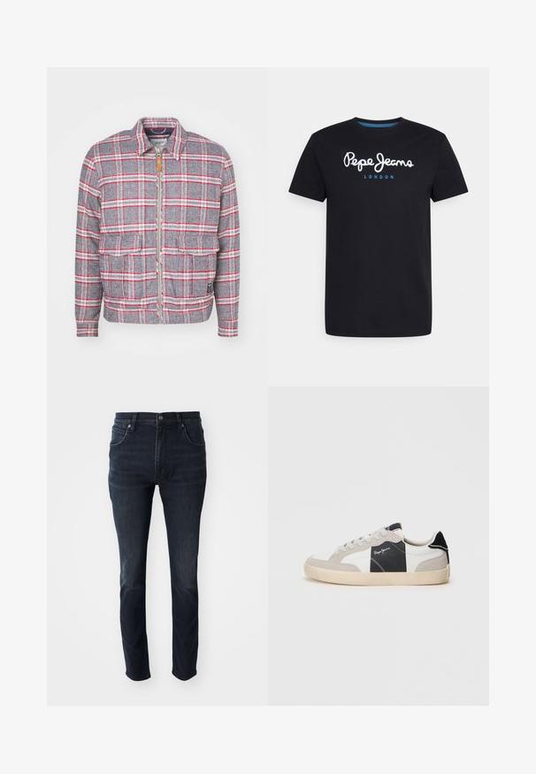 Grå og rød ternet jakke med lynlås foran, to forlommer og en simpel krave. Lavet af et struktureret stof. Casual design.; Sort bomulds T-shirt med et hvidt skriftskriftlogo "Pepe Jeans" med en blå accent, rund hals og korte ærmer. Enkel, ensfarvet design.; Mørkeblå denimjeans med lige ben, fem-lomme design og en subtil falmeeffekt på lårene, med metalknaplukning.; Hvide og grå lavtop sneakers lavet af ruskind og læder. Har en sort accent, hvid syning og en gummisål.