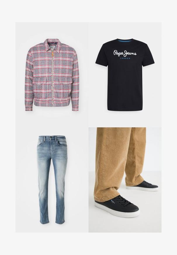 Veste à carreaux grise et rouge avec fermeture éclair à l'avant, deux poches avant et un col simple. Fabriquée dans un tissu texturé. Design décontracté.; T-shirt en coton noir avec un logo en script blanc "Pepe Jeans" accentué de bleu, col rond et manches courtes. Design simple et uni.; Jeans en denim bleu clair avec un design classique à cinq poches, une décoloration subtile et une coupe droite. Comprend une fermeture à bouton et des passants de ceinture.; Baskets en cuir noir avec des semelles en caoutchouc blanches. Portées avec un pantalon en velours côtelé beige à côtes verticales et à coupe décontractée.