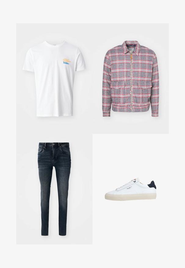 Grau-rot kariertes Jackett mit Reißverschluss, zwei Vorderaschen und einem schlichten Kragen. Aus einem strukturierten Stoff gefertigt. Lässiges Design.; Weißes Baumwoll-T-Shirt mit rundem Halsausschnitt und kurzen Ärmeln. Es verfügt über eine farbenfrohe Grafik mit gelben und blauen Elementen auf der Brust.; Dunkelblaue Jeans aus Denim mit schlanker Passform, fünf Taschen, geraden Beinen und Kontrastnähten, mit einem Knopf- und Reißverschluss.; Weißer Sneaker in niedriger Schnittform mit beiger Sohle, weißen Schnürsenkeln, schwarzem Fersenlasche und dem "Pepe Jeans London"-Logo an der Seite.