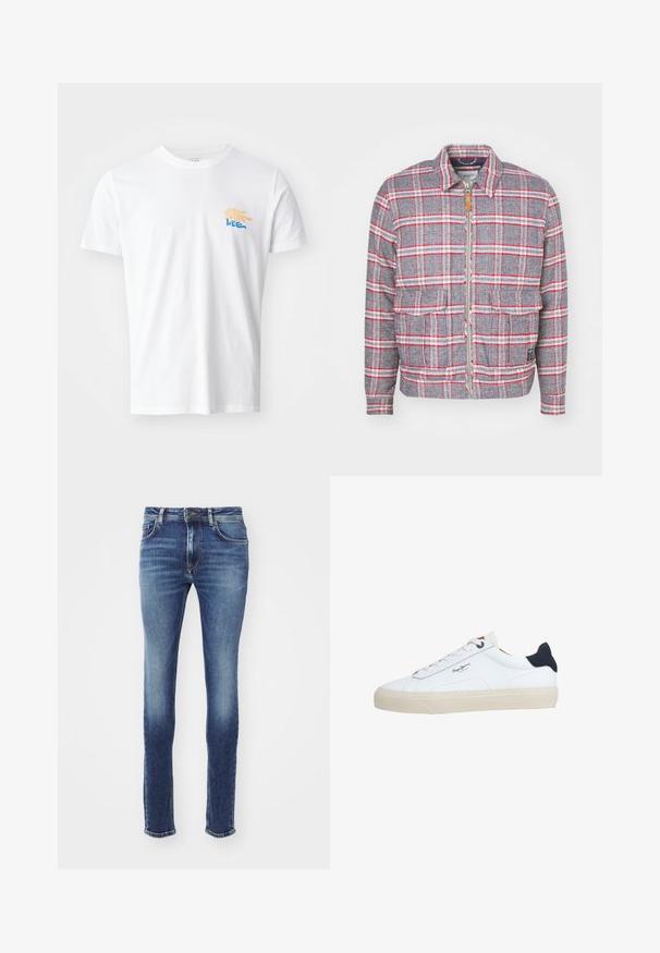 Grau-rot kariertes Jackett mit Reißverschluss, zwei Vorderaschen und einem schlichten Kragen. Aus einem strukturierten Stoff gefertigt. Lässiges Design.; Weißes Baumwoll-T-Shirt mit rundem Halsausschnitt und kurzen Ärmeln. Es verfügt über eine farbenfrohe Grafik mit gelben und blauen Elementen auf der Brust.; Blaue Denim-Jeans mit slim fit, mittelhoher Taille, genähten Taschen und leichter Verblassung. Die Säume sind leicht ausgefranst.; Weißer Sneaker in niedriger Schnittform mit beiger Sohle, weißen Schnürsenkeln, schwarzem Fersenlasche und dem "Pepe Jeans London"-Logo an der Seite.