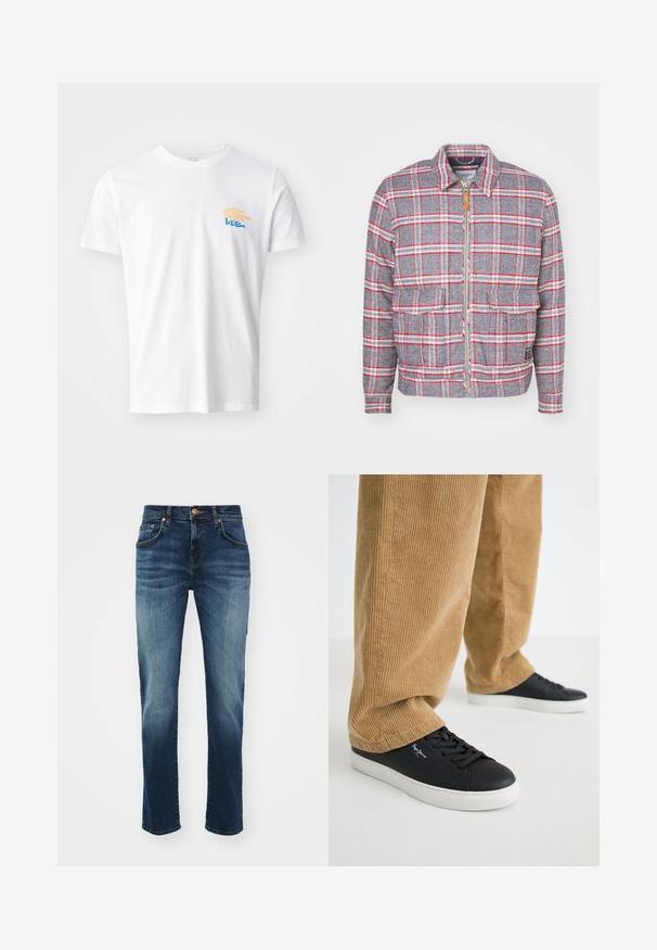 Grau-rot kariertes Jackett mit Reißverschluss, zwei Vorderaschen und einem schlichten Kragen. Aus einem strukturierten Stoff gefertigt. Lässiges Design.; Weißes Baumwoll-T-Shirt mit rundem Halsausschnitt und kurzen Ärmeln. Es verfügt über eine farbenfrohe Grafik mit gelben und blauen Elementen auf der Brust.; Dunkelblaue Jeans aus Denim mit leichtem Farbverlauf, Fünf-Taschen-Design, Knopfverschluss, geradem Bein und verstärktem Saum.; Schwarze Ledersneaker mit weißen Gummisohlen. Getragen mit beigen Cordhosen, die vertikale Rippungen und eine lockere Passform aufweisen.