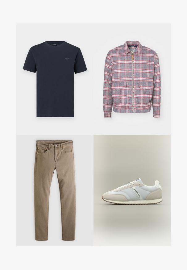 Grå og rød ternet jakke med lynlås foran, to forlommer og en simpel krave. Lavet af et struktureret stof. Casual design.; Marineblå bomuld t-shirt med rund hals, korte ærmer og et lille mærkelogo i grå på venstre bryst. Glat tekstur.; Beige slim fit cowboybukser med forreste knaplukning og lynlås, bæltestropper og fem lommer, lagt fladt på en lys baggrund.; Hvid og lys beige lavtop-sneaker med snørelukning foran, tekstureret sål og "JACK & JONES"-logo på sidepanelet.
