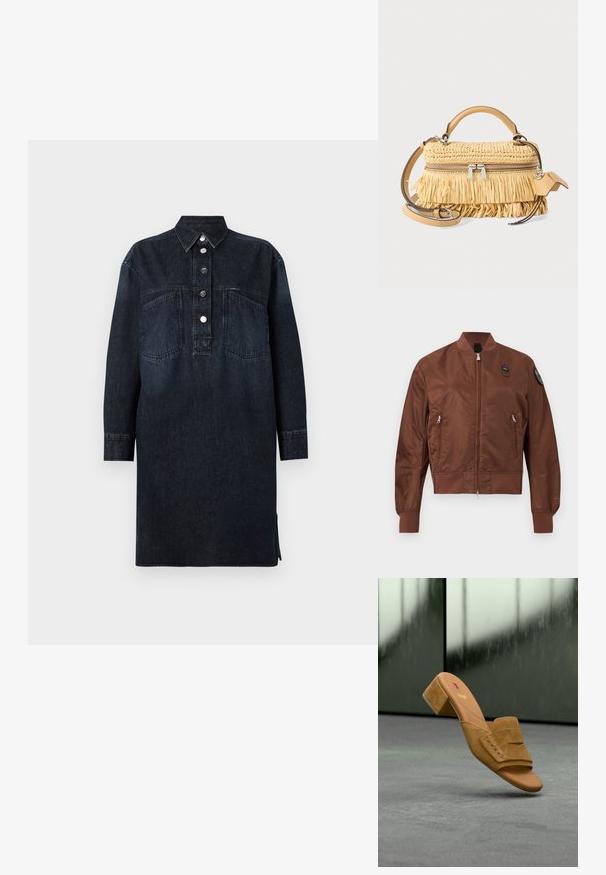 Bruine bomberjas met ritssluiting aan de voorkant, twee ritssluitingen aan de zakken, geribbelde manchetten en zoom, en een patch op de bovenkant van de linker mouw.; CLOSED DRESS - Spijkerjurk - dark blue; Tan suède open-teen mule met een lage blokhak zwevend boven een grijze ondergrond, zichtbare merk binnenzool.; Kleine beige geweven handtas met franjes, dubbele zilveren rits, leren handvat en verstelbare leren schouderriem op witte achtergrond.