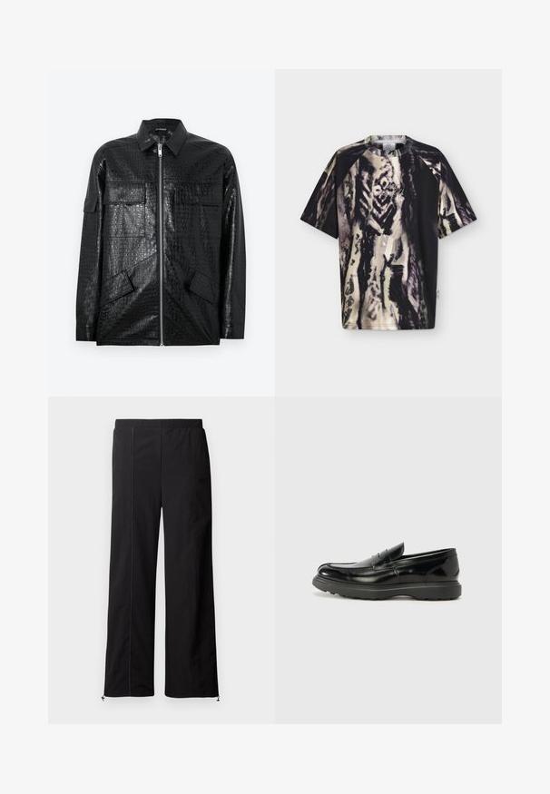 Veste en cuir synthétique noir effet croco avec fermeture éclair frontale, poches à rabat sur la poitrine et les hanches, et col à revers.; T-shirt tie-dye noir et beige à manches courtes avec motif abstrait et logo "Carlo Colucci" brodé sur la poitrine.; Pantalons larges noirs avec une texture lisse, taille élastique et fermetures à cordon aux chevilles. Présente des détails de couture contrastants.; Mocassin en cuir noir avec une finition brillante, bout arrondi, détails de couture subtils et semelle en caoutchouc épaisse pour la durabilité.