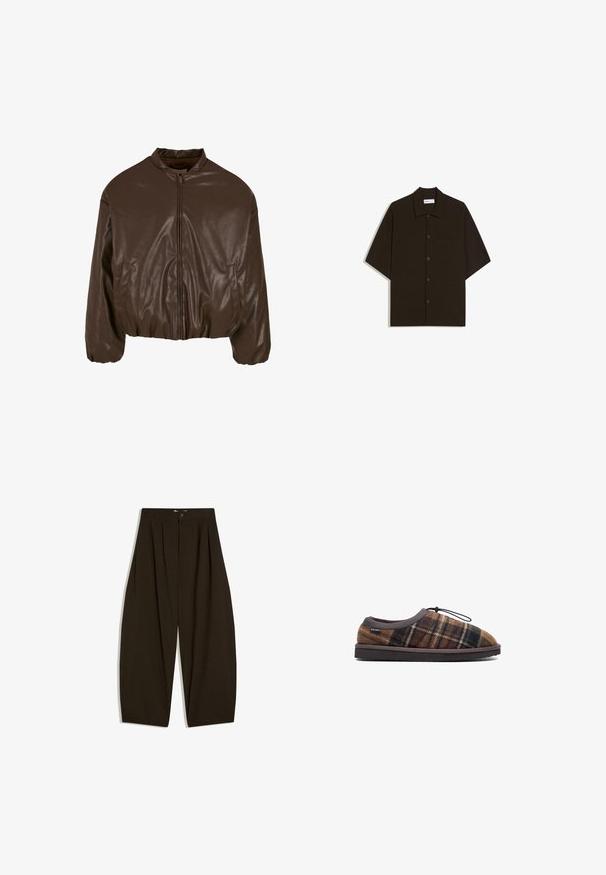 Veste bomber en simili cuir marron avec fermeture éclair sur le devant, design court, poignets élastiques et poches latérales, présentant une texture brillante.; Chemise à manches courtes marron foncé avec boutons, col et poche poitrine, posée à plat sur un fond blanc.; Pantalon large marron foncé avec des plis, des passants de ceinture et une fermeture à bouton à l'avant.; Chausson à carreaux marron avec un dessus en tissu doux, fermeture à bascule en élastique noir et semelle plate marron foncé.