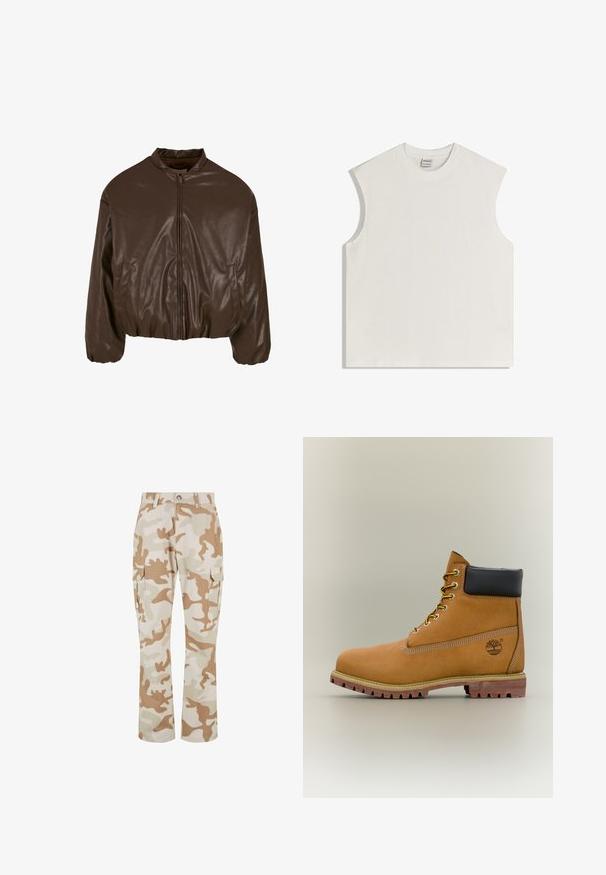 Veste bomber en simili cuir marron avec fermeture éclair sur le devant, design court, poignets élastiques et poches latérales, présentant une texture brillante.; Haut en coton blanc sans manches avec encolure ronde et épaules légèrement rembourrées, posé à plat sur un fond blanc.; Pantalons cargo beige en camouflage avec poches latérales, fabriqués en tissu à la texture lisse, présentant une coupe droite et une fermeture à bouton.; Bottine en cuir marron avec col noir, lacets jaunes et semelle beige. Présente un logo et des détails de couture blanche. Semelle extérieure à traction robuste.