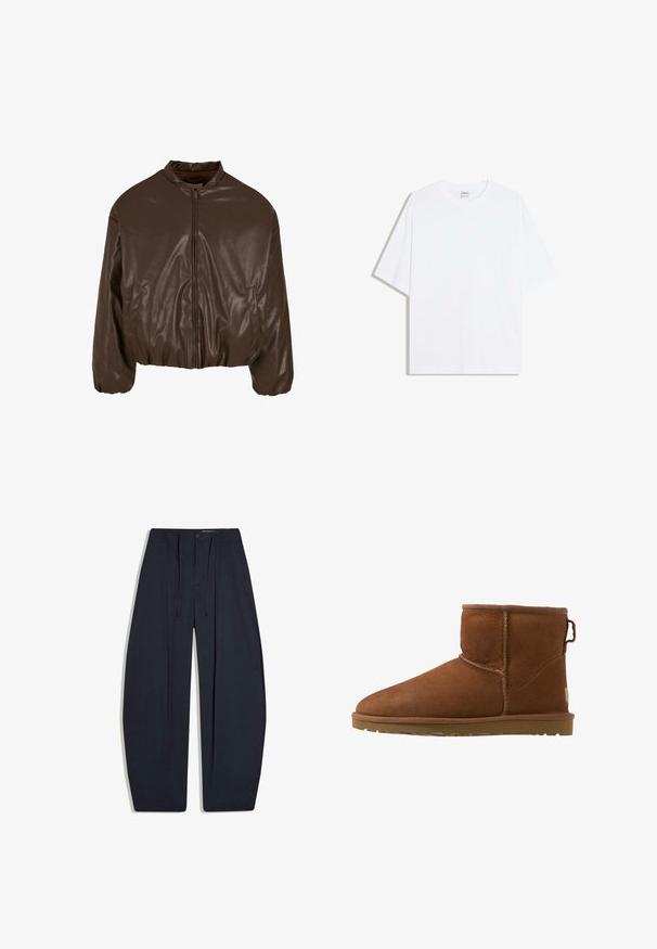 Veste bomber en simili cuir marron avec fermeture éclair sur le devant, design court, poignets élastiques et poches latérales, présentant une texture brillante.; T-shirt oversize en coton blanc avec un col rond et des manches courtes ; texture lisse, sans motifs ni accents visibles.; Pantalon noir à taille haute, jambes larges, avec plis sur le devant, poches latérales, fermeture par boutons et cordons de serrage à la taille.; Bottines en daim marron avec un bout arrondi, des accents cousus et une semelle en caoutchouc. Présente un tirette à l'arrière pour un enfilage facile.