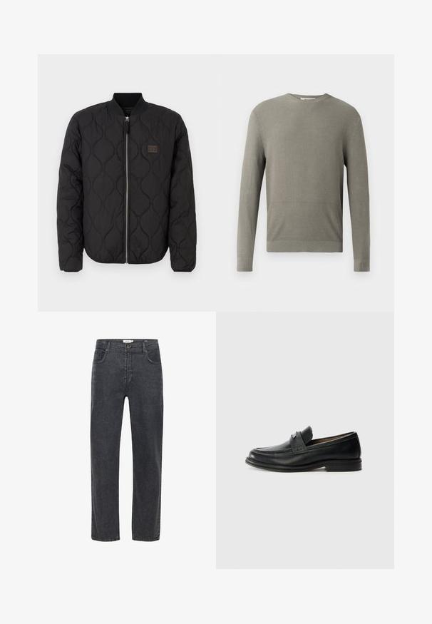 Veste bomber matelassée noire avec un col côtelé ; comporte une fermeture éclair à l'avant et un petit patch logo sur la poitrine gauche. Texture douce.; Pull en maille côtelée gris clair à manches longues et col rond. Texture douce et coupe ajustée avec des détails subtils de coutures.; Jean en denim noir à coupe droite, fermeture par bouton et zip, poches avant et arrière, et passants de ceinture.; Mocassins en cuir noir avec une finition lisse, dotés d'une bande supérieure texturée, d'un talon bas et de détails de couture minimalistes.