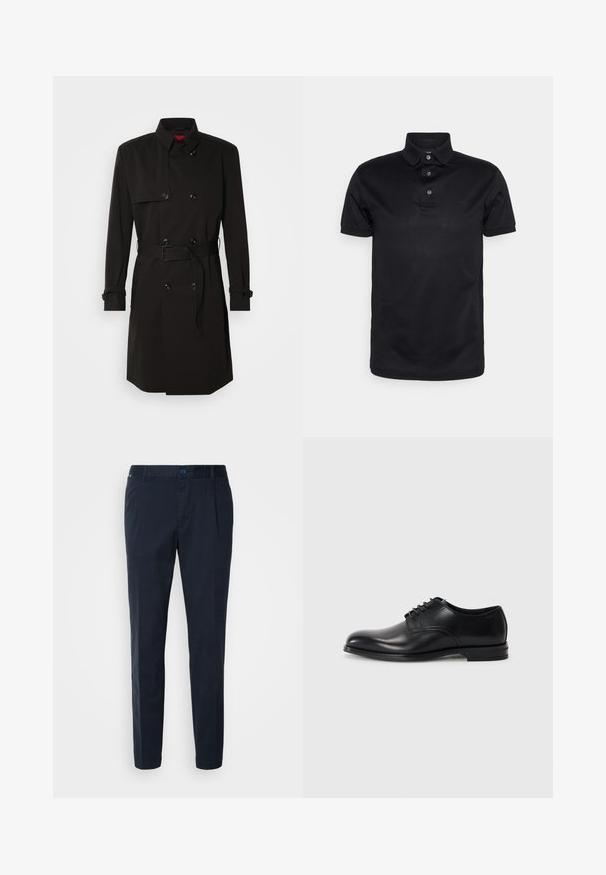 Manteau noir en trench avec un design croisé, de grands boutons, une taille ceinturée et un col montant. Tissu lisse avec une finition mate.; Polo shirt noir en tissu lisse, avec un col, une patte de boutonnage à trois boutons et des manches courtes. Design minimaliste sans motifs.; Pantalon bleu marine en mélange de coton, avec une coupe droite, des plis à l'avant et une fermeture à bouton à la taille. Texture lisse, sans motifs.; Chaussure habillée en cuir noir avec un bout arrondi, un lacet, une texture lisse et une semelle en caoutchouc basse. Détails de couture minimaux.