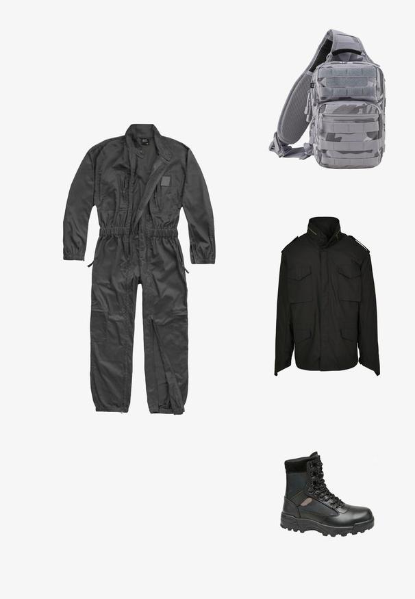 Veste noire avec un col haut, un zip à l'avant et quatre poches avant. Fabriquée en tissu durable avec un design structuré et des accents aux épaules.; Combinaison noire à manches longues avec fermeture éclair frontale, taille et poignets élastiques, plusieurs poches zippées et col montant avec bouton-pression.; Botte militaire noire avec tige en cuir, panneaux en tissu, fermeture à lacets avant et semelle en caoutchouc robuste pour une meilleure traction. Embout renforcé et soutien de la cheville.; Brandit US COOPER EVERYDAYCARRY-SLING - Sac bandoulière - blizzard camo