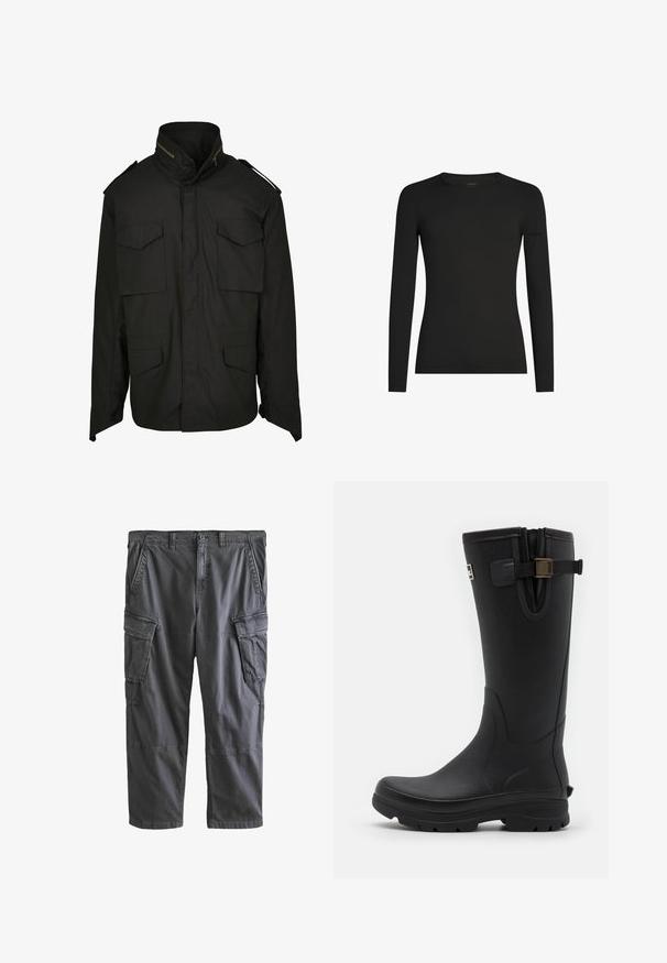 Schwarze Jacke mit hohem Kragen, Reißverschluss vorne und vier Fronttaschen. Aus strapazierfähigem Stoff mit einem strukturierten Design und Schulterakzenten gefertigt.; Schwarzes, langärmeliges, figurbetontes T-Shirt mit Rundhalsausschnitt und dezentem Icebreaker-Logo auf dem linken Ärmel, dargestellt vor weißem Hintergrund.; Dunkelgraue Cargohosen mit Knopfverschluss, Gürtelschlaufen, schrägen Fronttaschen und großen Klappentaschen an den Oberschenkeln.; Barbour TEMPEST TALL WELLY - Gummistiefel - black