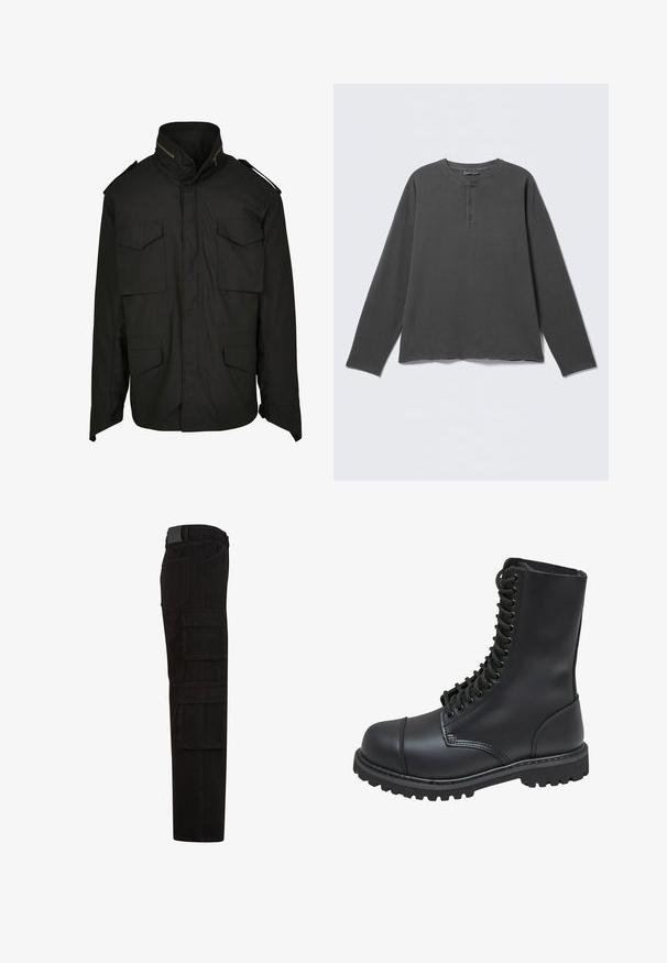 Schwarze Jacke mit hohem Kragen, Reißverschluss vorne und vier Fronttaschen. Aus strapazierfähigem Stoff mit einem strukturierten Design und Schulterakzenten gefertigt.; Dunkelgraues Langarm-Henley-Shirt mit rundem Ausschnitt und drei Knöpfen an der vorderen Blende.; Schwarze Cargohose mit mehreren großen Überschlagtaschen, Gürtelschlaufen und geradem Beinanschnitt, seitlich dargestellt.; Schwarze Lederkampfstiefel mit hohem Schaft, Schnürung an der Vorderseite, gepolstertem Kragen und rutschfester, strukturierter Sohle für guten Halt. Mit verstärkter Zehenkappe.
