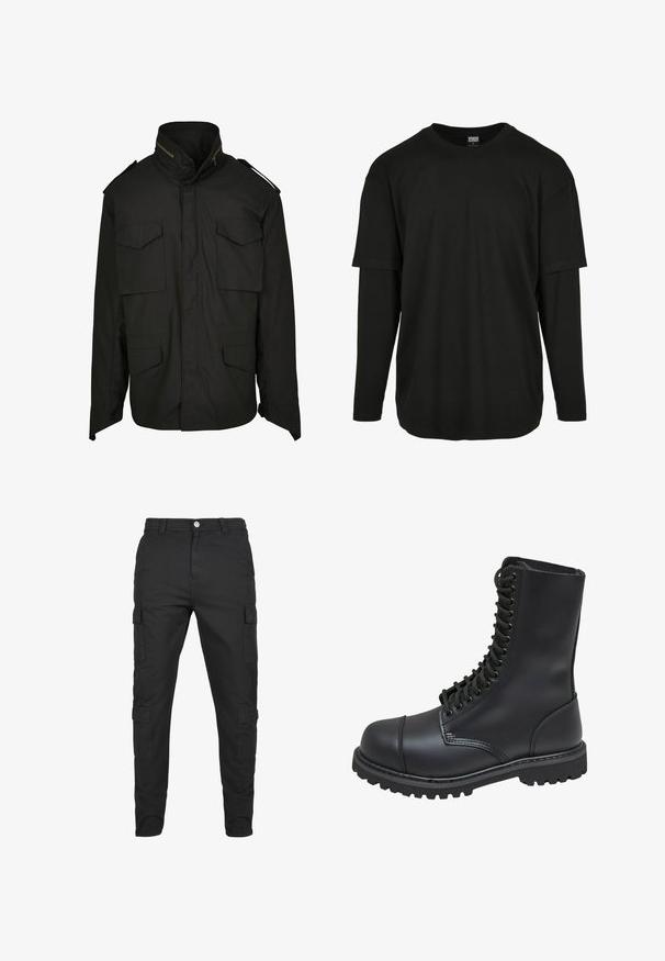 Sort jakke med høj krave, lynlås foran og fire forlommer. Lavet af slidstærkt stof med et struktureret design og skulderdetaljer.; Urban Classics OVERSIZED SHAPED DOUBLE LAYER LS TEE - Langærmet T-shirt - black/black; Sorte cargo bukser lavet af slidstærkt stof. Har flere sidelommer, knaplukning og en tapered ben-design. Flad front, ingen mønstre.; Sort læder kampstøvle med høj skaft, snørebånd foran, polstret krave og en robust tekstureret sål for godt greb. Har forstærket tåhætte.