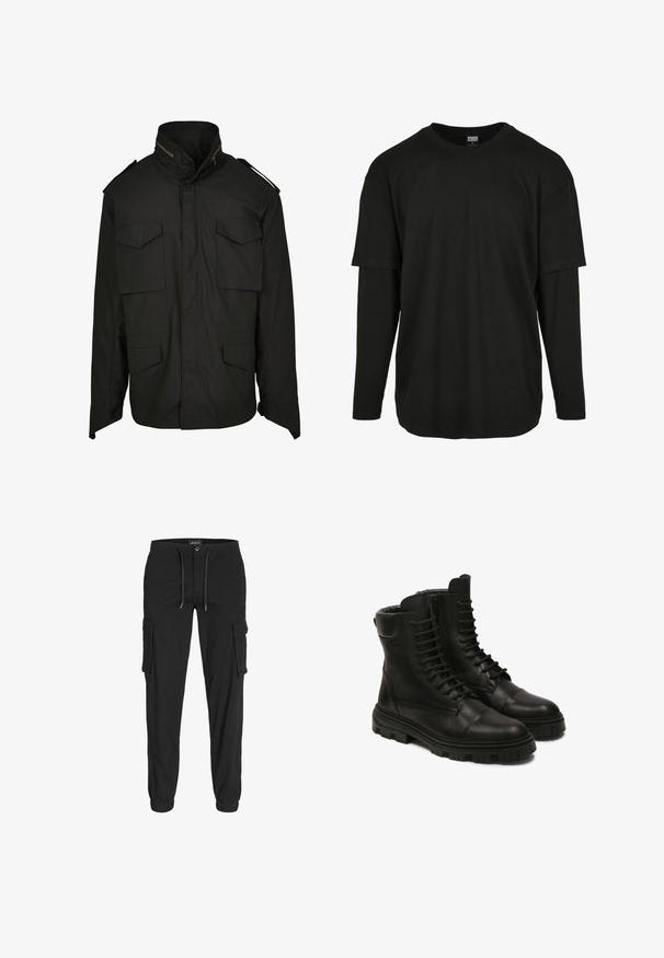 Veste noire avec un col haut, un zip à l'avant et quatre poches avant. Fabriquée en tissu durable avec un design structuré et des accents aux épaules.; Urban Classics OVERSIZED SHAPED DOUBLE LAYER LS TEE - T-shirt à manches longues - black/black; Pantalons cargo noirs en coton, dotés d'une taille élastique avec cordon de serrage, de multiple poches latérales et de poignets élastiques aux chevilles.; Bottes en cuir noir avec un design à lacets, dotées d'une fermeture éclair sur le côté, d'une semelle robuste et d'un embout renforcé. Texture lisse et construction solide.