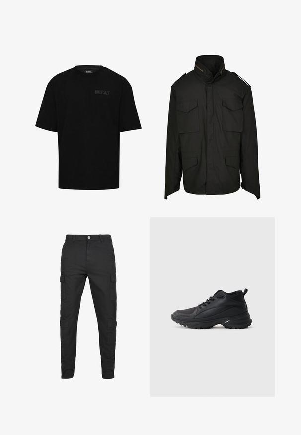 Veste noire avec un col haut, un zip à l'avant et quatre poches avant. Fabriquée en tissu durable avec un design structuré et des accents aux épaules.; T-shirt en coton noir à manches courtes, col rond et logo discret "DROPSIZE" sur le côté gauche de la poitrine. Coupe standard.; Pantalons cargo noirs en tissu durable. Comprend plusieurs poches latérales, une fermeture à bouton et un design de jambe fuselée. Devant plat, sans motifs.; Chaussures de sport noires en matériau synthétique. Dotées d'un col rembourré, d'un embout rond, d'une semelle extérieure robuste avec traction, et d'un détail avec le logo de la marque.