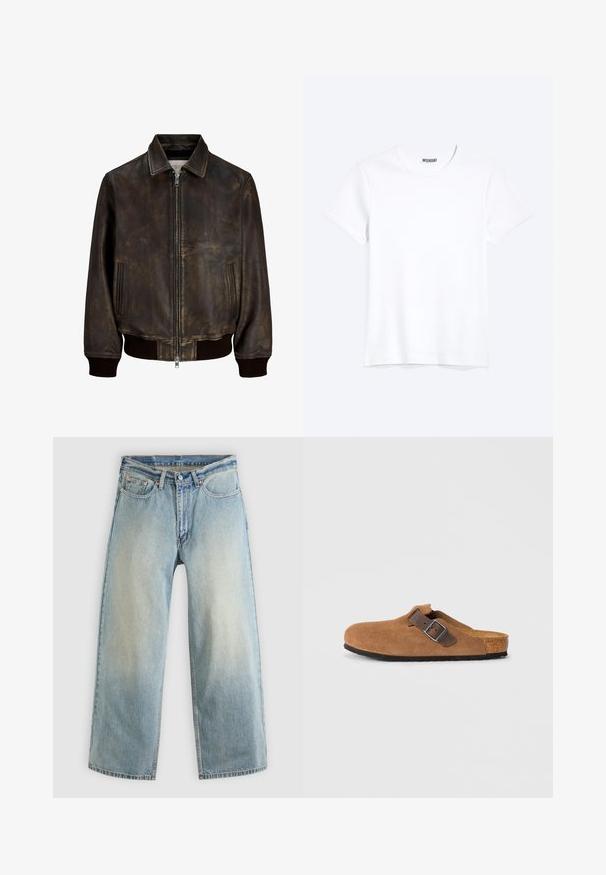 Dunkelbraune, abgenutzte Lederjacke mit Frontreißverschluss, Seitentaschen, gerippten Bündchen und Bund, auf weißem Hintergrund dargestellt.; Schlichtes weißes T-Shirt mit kurzen Ärmeln und Rundhalsausschnitt mit gut sichtbarem WEEKDAY-Label am Kragen, dargestellt auf hellem Hintergrund.; Hellblaue, weit geschnittene Jeans aus Denim mit verblasstem Finish. Verfügen über ein standardmäßiges Design mit fünf Taschen und Metallknopfverschluss.; Braune Wildlederclogs mit einem verstellbaren braunen Lederriemen und einer silbernen Schnalle, ausgestattet mit einer geformten Korkfußbett und einer strukturierten Gummisohle.