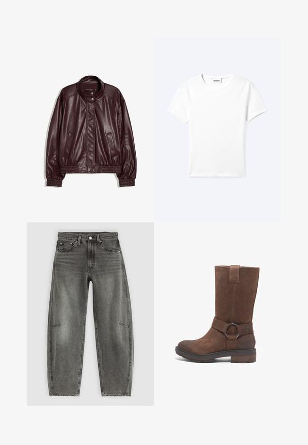Donker bordeaux faux leren bomberjack met elastische manchetten en zoom, twee zijzakken en drukknopsluiting aan de kraag en voorkant.; Effen wit T-shirt met korte mouwen en ronde hals met een klein "WEEKDAY" label aan de binnenkant van de hals, plat neergelegd op een lichte achtergrond.; Hoge taille grijs gewassen denim jeans met vijf zakken, knoopsluiting en een ontspannen rechte pasvorm.; Bruine suède hoge laars met een ronde neus, platte hak en een decoratieve band met een cirkelvormige metalen ringaccent.