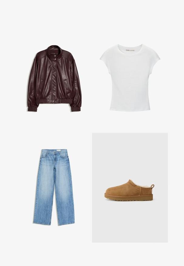 Veste bomber en similicuir bordeaux foncé avec poignets et ourlet élastiques, deux poches latérales et fermeture à boutons-pression au col et à l'avant.; T-shirt en coton blanc avec manches courtes retroussées, encolure ronde et ourlet droit. Texture lisse sans motifs ni accents visibles.; Jean denim bleu clair à jambes larges avec poches avant, passants de ceinture, fermeture par bouton et détails délavés.; Chaussure mocassin en suède marron avec une douillette doublure en fourrure blanche, semelle plate en caoutchouc, bout arrondi et petite languette au talon.