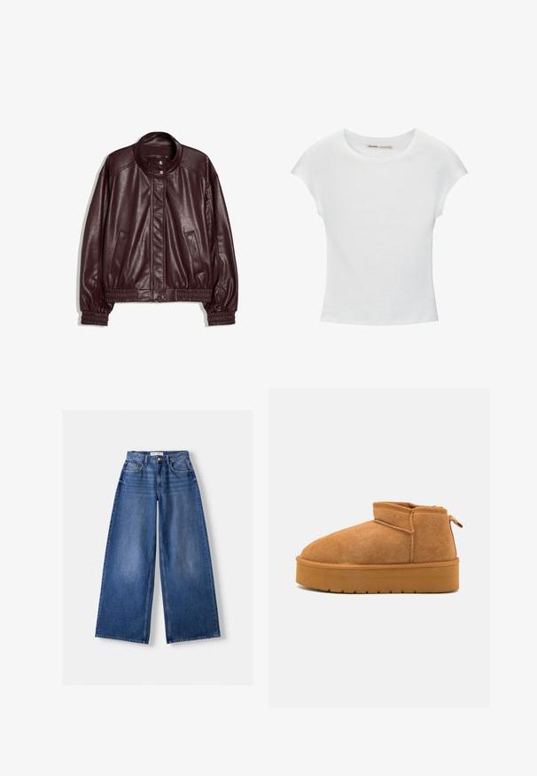 Donker bordeaux faux leren bomberjack met elastische manchetten en zoom, twee zijzakken en drukknopsluiting aan de kraag en voorkant.; Witte katoenen T-shirt met korte, opgerolde mouwen, een ronde halslijn en een rechte zoom. Gladde textuur zonder zichtbare patronen of accenten.; Wijd uitlopende blauwe spijkerbroek met voorkanten, riemlussen en knoopsluiting, plat liggend op een lichte achtergrond.; Bruine suède enkellaarzen met een ronde neus, laag uitgesneden ontwerp en een gestructureerde rubberen zool met een lichte plateauzool en een trekhaak.