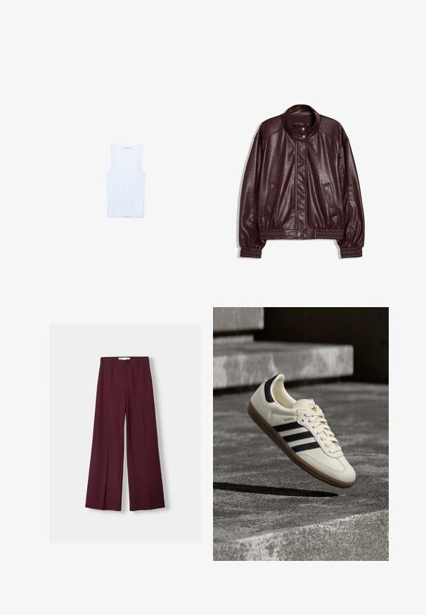 Veste bomber en similicuir bordeaux foncé avec poignets et ourlet élastiques, deux poches latérales et fermeture à boutons-pression au col et à l'avant.; Débardeur en coton blanc, avec un col rond et des bretelles larges. Texture lisse, design sans manches et silhouette ajustée.; Pantalon large bourgogne en tissu lisse, doté d'une fermeture à bouton sur le devant et de plis nets pour une allure soignée.; Baskets blanches Adidas Samba avec des bandes noires et une semelle en gomme, flottant au-dessus de marches en béton gris texturé.