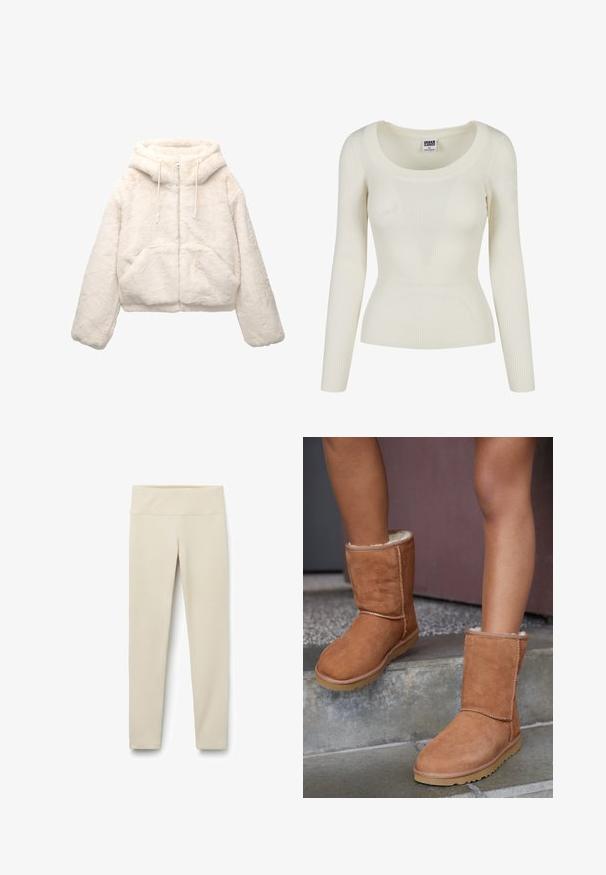 Gekürzte cremefarbene Kapuzenjacke aus weichem Kunstpelz. Mit durchgehendem Reißverschluss, Kordelzugkapuze und zwei Vorderentaschen. Strukturierte Oberfläche.; Rippiertes Langarmshirt in Off-White. Verfügt über einen weiten Rundhalsausschnitt und eine taillierte Form. Hergestellt aus weichem, dehnbarem Stoff.; Beige Leggings mit hohem, breitem Bund, gefertigt aus einem weichen, elastischen Stoff. Gerade Beinform ohne sichtbare Nähte oder Muster.; Braune Wildleder-Stiefeletten mit runder Spitze, weicher Innenausstattung und Gummisohle, die über sichtbare Nähte entlang der Nähte verfügen.