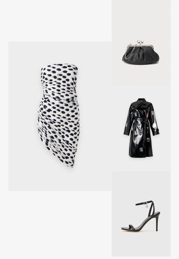 Sort skinnende trenchcoat med bælte, stor krave, lange ærmer, knapdetaljer og små fotoprint spredt foran og på ærmerne.; Strapless kjole med hvid bund og sorte samt marineblå polka dot mønstre, rynket design og asymmetrisk kant for en tætsiddende silhuet.; Sort hæl-sandal med smal ankrem, firkantet tå-boks, glat lædermateriale og metalspænde som pynt.; Sort læder clutch med samlet tekstur, sølvfarvet metalramme, kys-lås lukning og kædestrop. Glat, blød overflade.