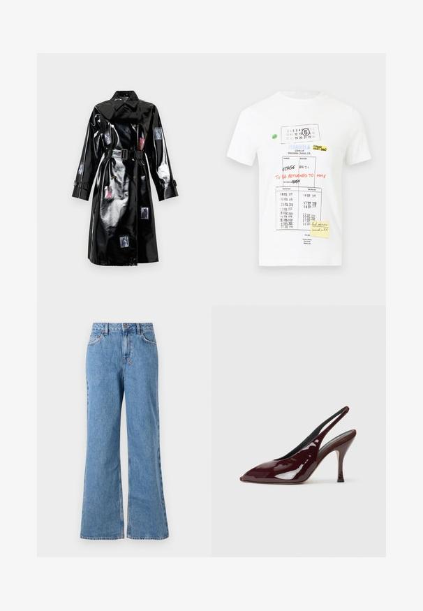 Sort skinnende trenchcoat med bælte, stor krave, lange ærmer, knapdetaljer og små fotoprint spredt foran og på ærmerne.; Hvid T-shirt med grafisk tryk, der ligner et vintage bibliotekskort til bøger og håndskrevne noter i forskellige farver.; Lyseblå denim wide-leg jeans med høj talje, der har en knap- og lynlåslukning, forlommer og en slidt tekstur.; NEOUS HAMAL - Højhælede pumps - dark chocolate