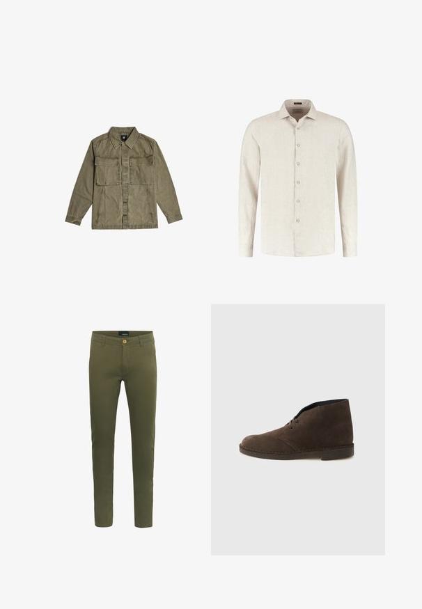 Olivegrüne Hemdjacke mit langen Ärmeln, zwei großen aufgesetzten Fronttaschen und Knopfverschluss in der Mitte.; Beiges langärmeliges Hemd mit Knopfleiste, spitzem Kragen und strukturiertem Stoff, auf weißem Hintergrund dargestellt.; Olivgrüne Hosen aus weichem Baumwollgemisch mit vorderem Knopfverschluss, Gürtelschlaufen und slim fit Design.; Brauner Ankle-Boot aus Wildleder mit zwei Ösen, niedrigem Absatz und genähter Sohle vor einfachem hellgrauem Hintergrund.