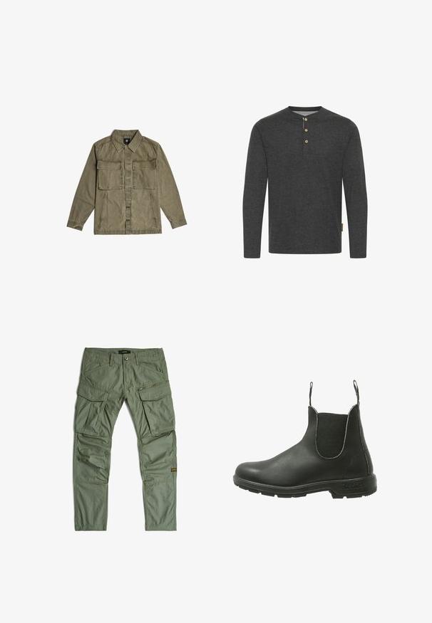 Olivengroene overhemdjas met lange mouwen, twee grote voorzakken met klep en knoopsluiting in het midden.; Donkergrijze lange mouwen shirt van zachte stof, met een henley-halslijn en drie houten knopen, plus een zijlabel.; Groene cargobroek met meerdere zakken, waaronder rits- en klepzakken, riemlussen en gestikte kniepaneeltjes, plat gelegd op een witte achtergrond.; Zwarte leren Chelsea-boot met elastische zijpanelen, ronde neus en een textuur rubberen zool, ontworpen voor gemakkelijke instap.